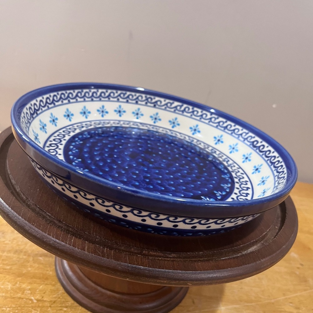 Vtg Boleslawiec Polish‎ Pottery Peacock Blue Floral Round Baker Bowl 9.75in